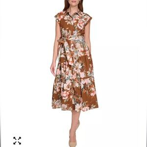 CALVIN KLEIN 100% Cotton Tie-Waist Midi Dress